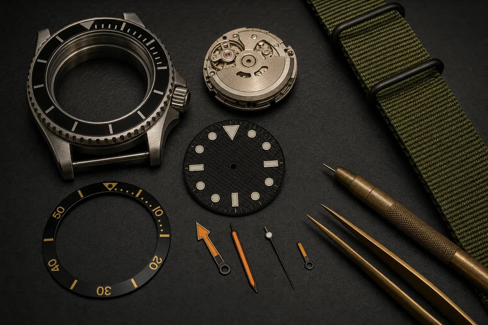 Las piezas de un reloj modificado dispuestas sobre una alfombrilla oscura: caja de buceo vacía, calibre automático, carátula negra texturizada con índices aplicados, manecillas naranjas, inserto de bisel, correa NATO verde y herramientas