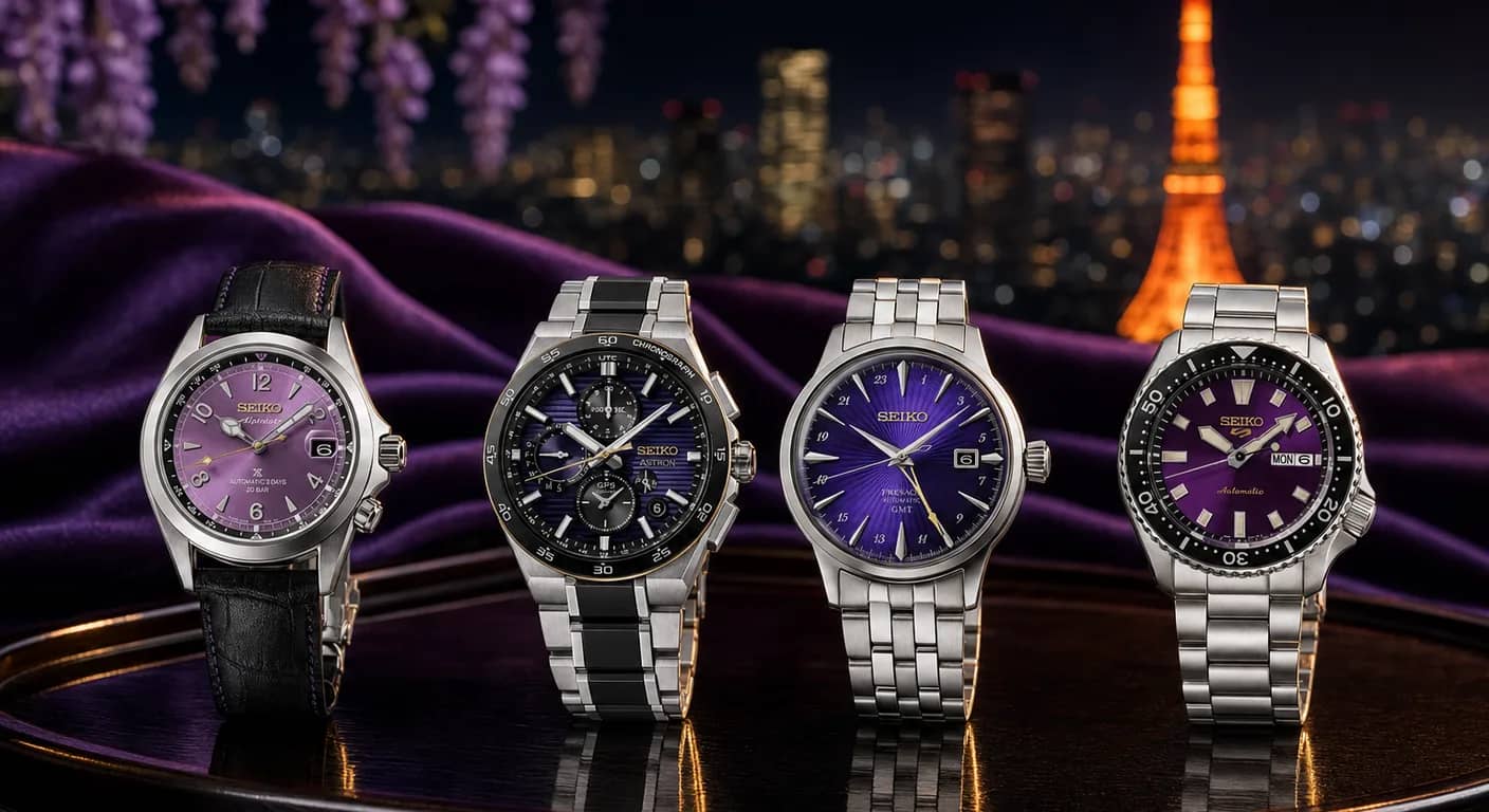 Los cuatro Seiko Edo Purple del 145 aniversario (Alpinist, Astron, Presage Cocktail Time GMT y 5 Sports SKX) sobre una bandeja lacada, con seda morada, glicinias y la Torre de Tokio de noche al fondo