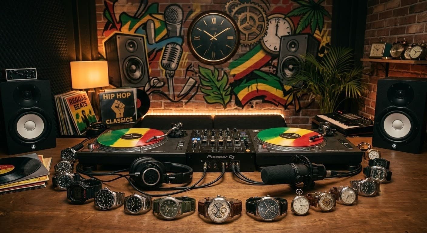 Relojeros Cypher, rap relojero de Momento Relojero: tornamesas de DJ rodeados de relojes