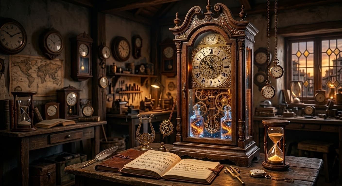 Reserva de Tiempo (Versión 2), canción de Momento Relojero: taller relojero vintage con reloj de pie, partitura y reloj de arena