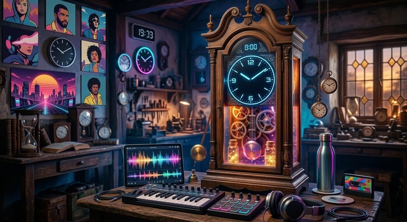 Reserva de Tiempo, canción de Momento Relojero: reloj de pie y estudio musical con luces de neón