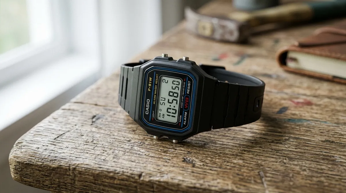 Casio F-91W negro con pantalla digital sobre una mesa de madera junto a una ventana