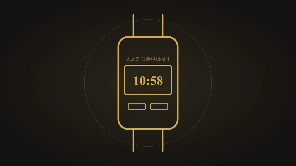 Ilustración vectorial dorada del Casio F-91W, el reloj digital más vendido del mundo, sobre fondo carbón