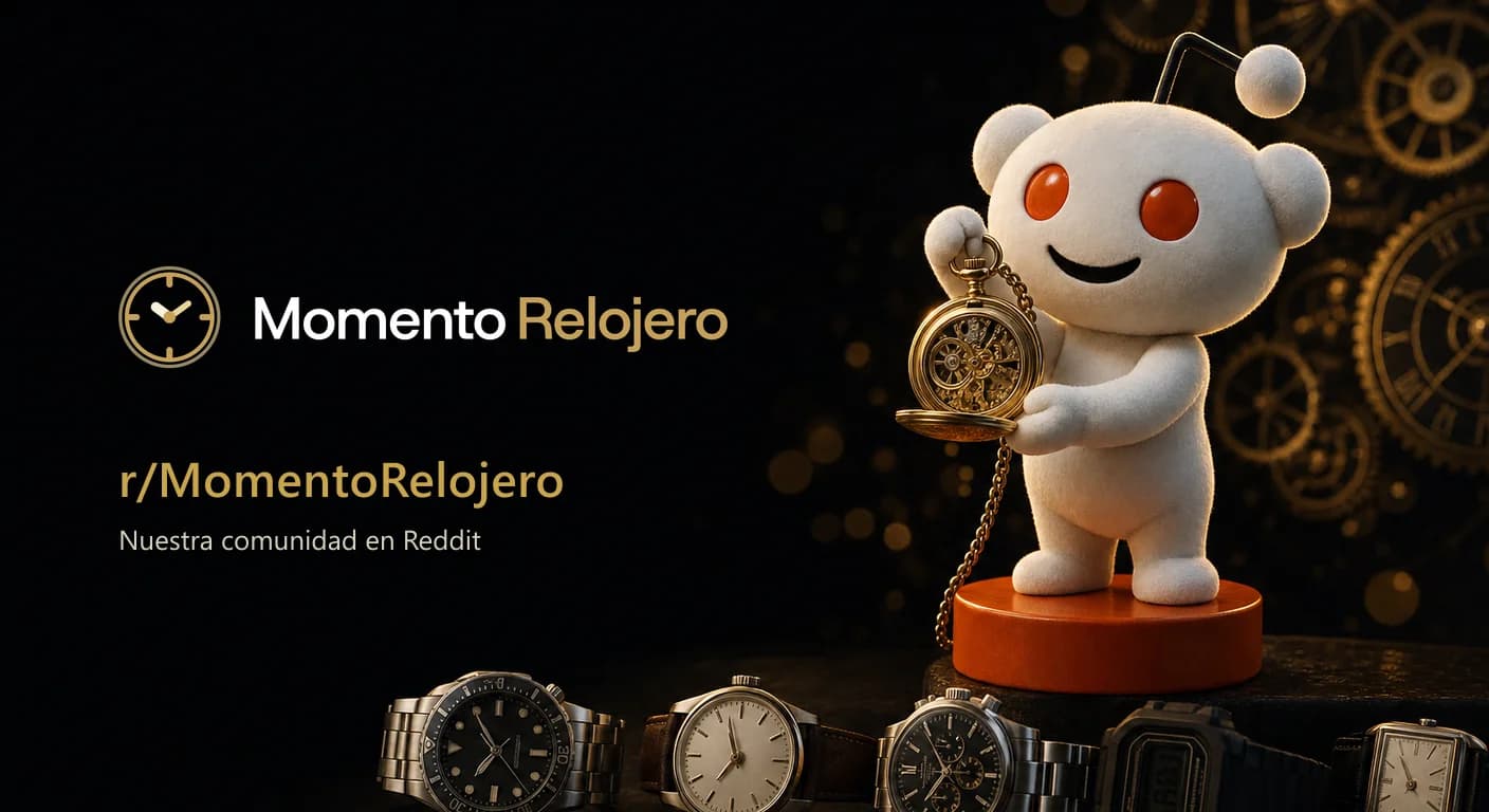 Logo de Momento Relojero junto a la mascota de Reddit sosteniendo un reloj de bolsillo dorado, con varios relojes de pulsera en primer plano y el nombre r/MomentoRelojero