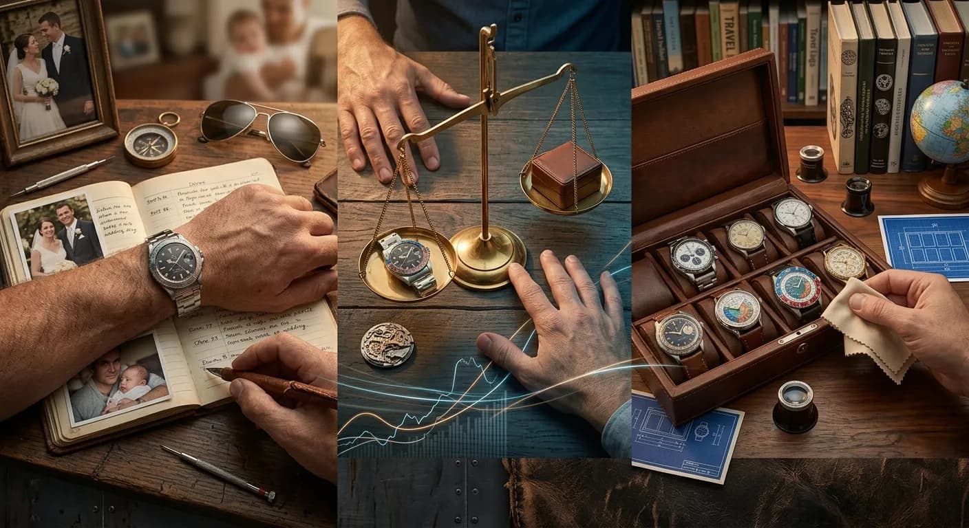 Dos filosofías de colección: el reloj único con su diario de recuerdos, la balanza de la decisión y la caja del coleccionista con ocho relojes