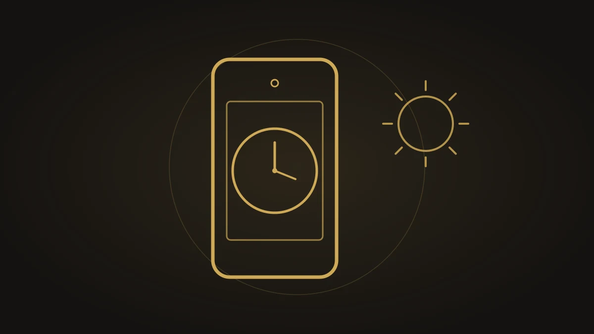 Ilustración vectorial dorada de un móvil fotografiando un reloj junto a una fuente de luz, sobre fondo carbón