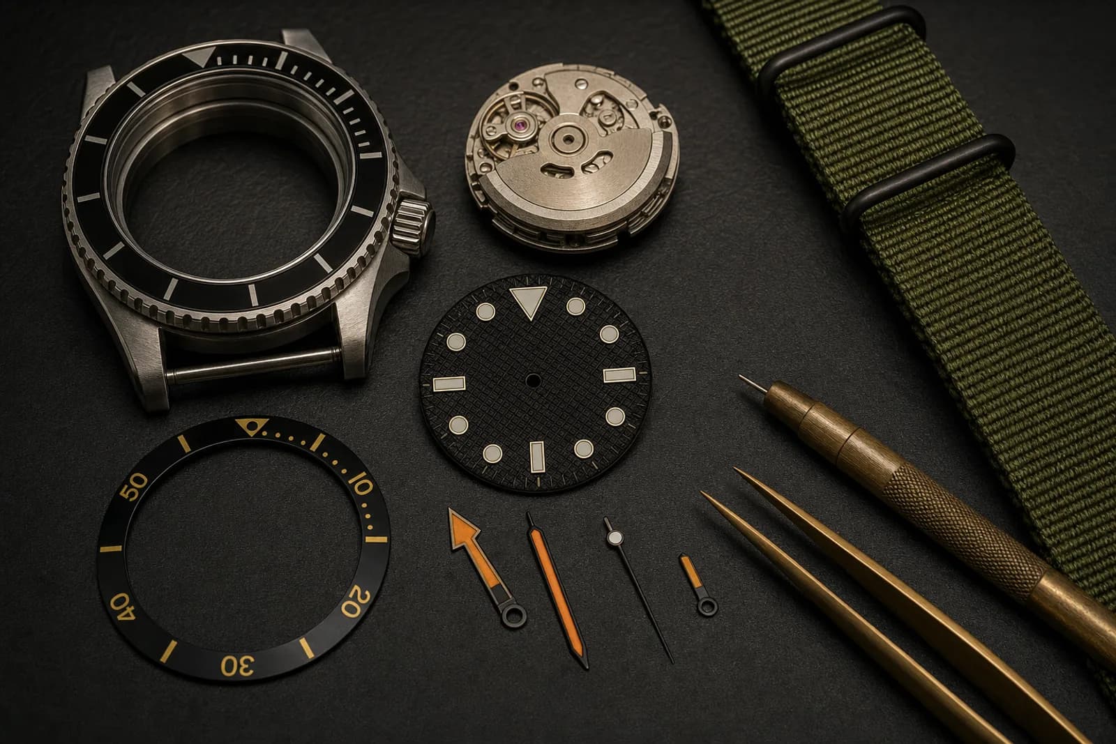 Las piezas de un reloj modificado dispuestas sobre una alfombrilla oscura: caja de buceo vacía, calibre automático, carátula negra texturizada con índices aplicados, manecillas naranjas, inserto de bisel, correa NATO verde y herramientas