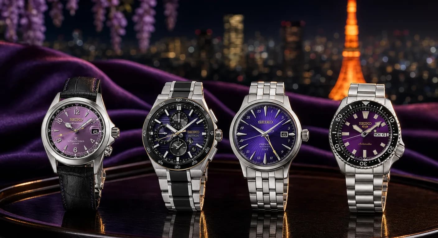 Los cuatro Seiko Edo Purple del 145 aniversario (Alpinist, Astron, Presage Cocktail Time GMT y 5 Sports SKX) sobre una bandeja lacada, con seda morada, glicinias y la Torre de Tokio de noche al fondo