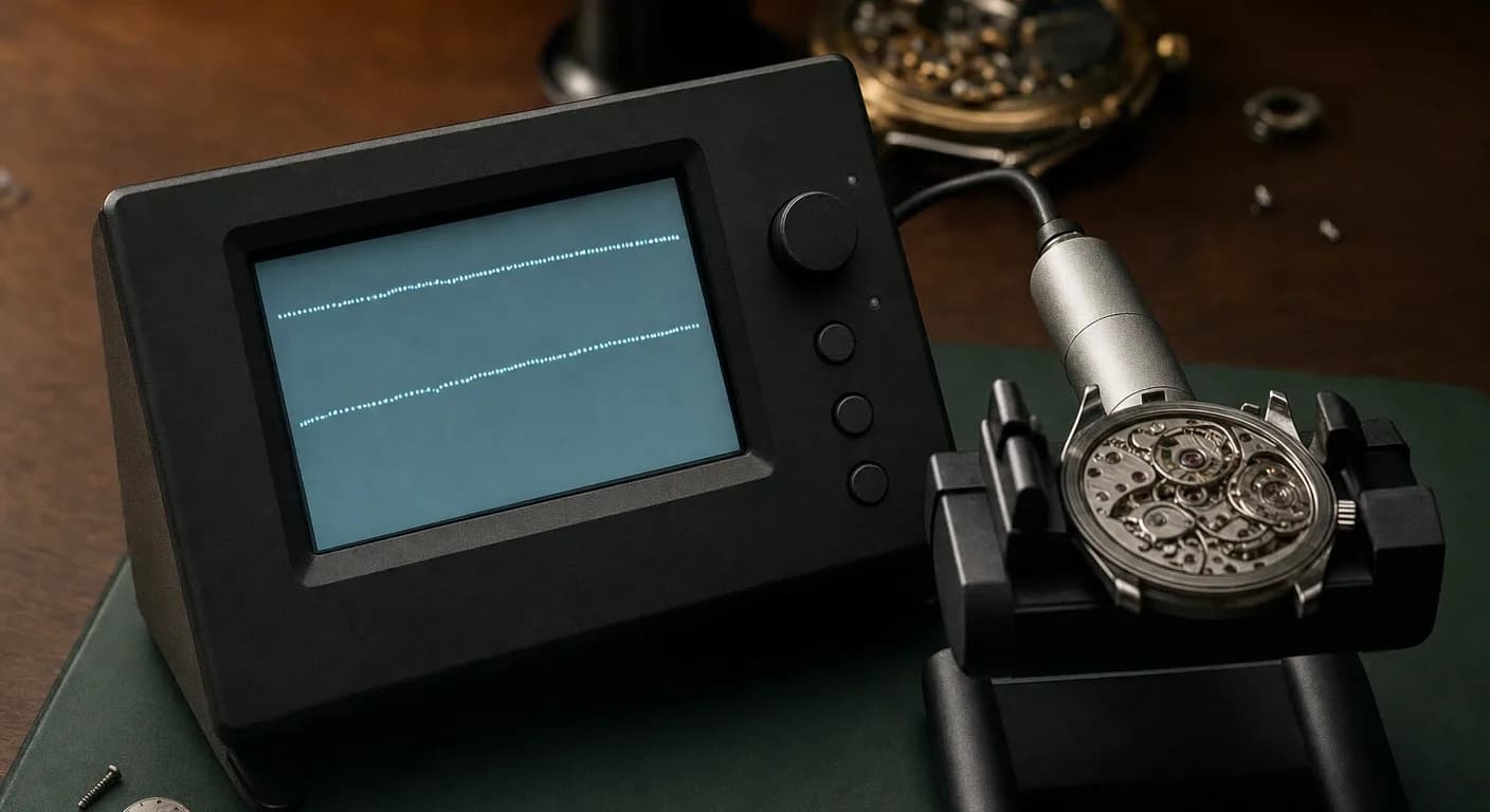 Cronocomparador con un reloj mecánico sujeto en el micrófono y la pantalla mostrando la traza de puntos