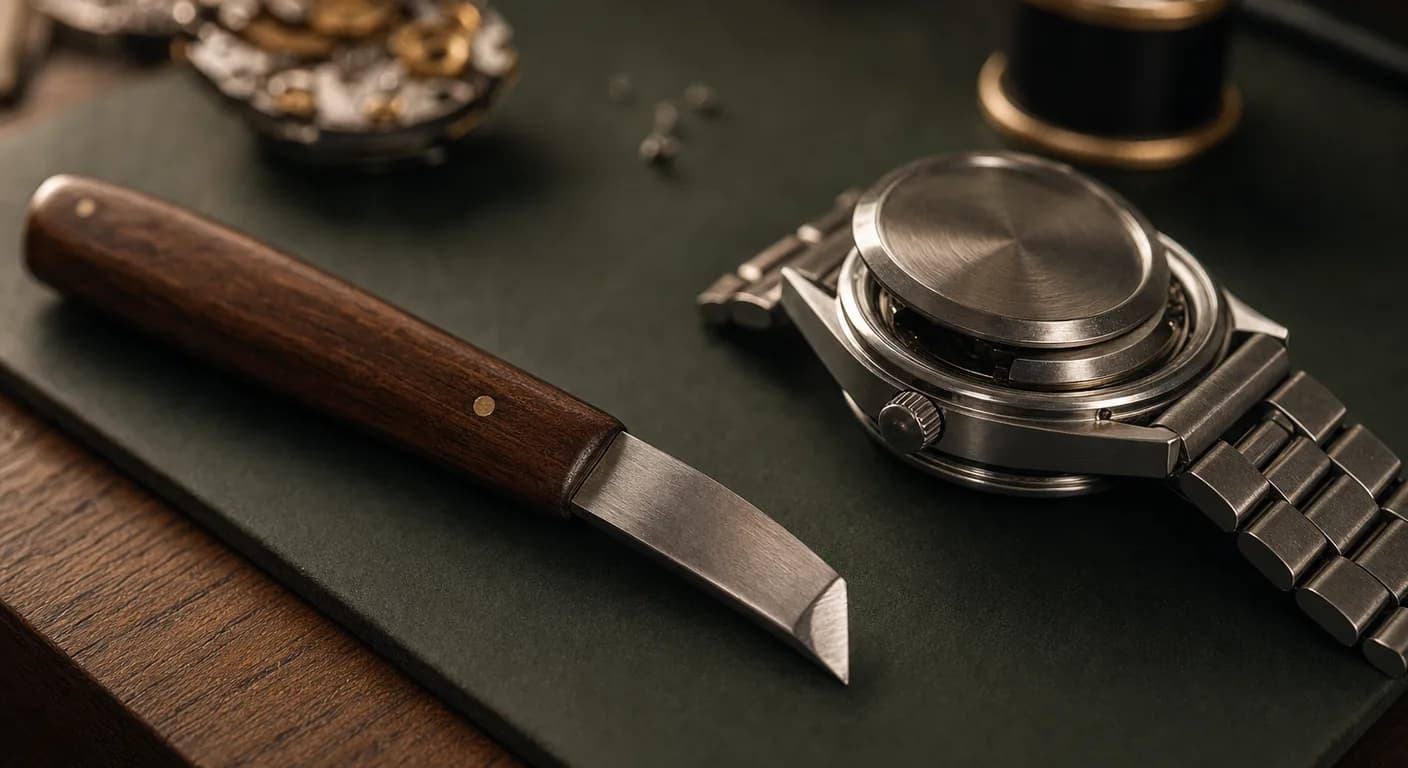 Navaja de relojero de hoja roma con mango de madera junto a un reloj de acero con la tapa a presión levantada