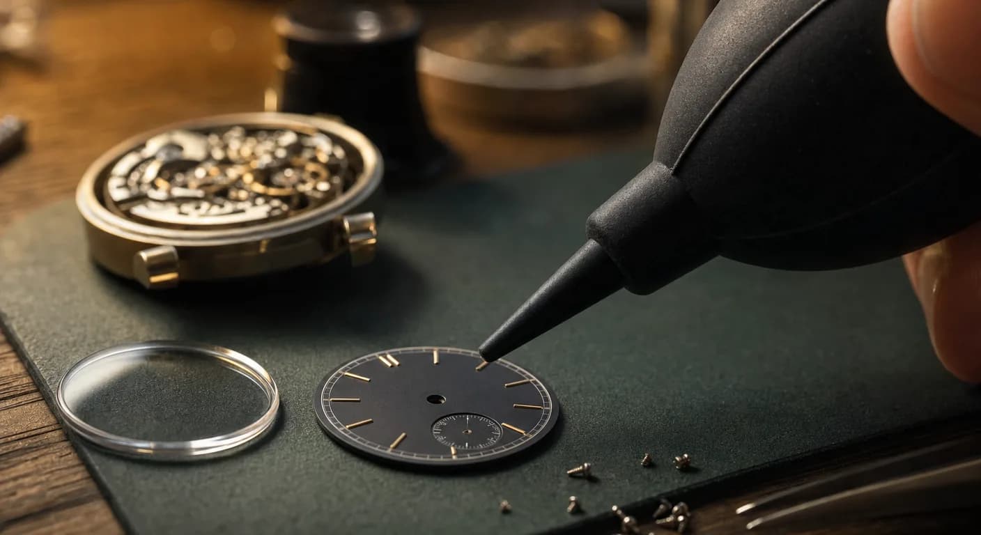Pera de aire de goma negra apuntando a una carátula de reloj y un cristal de zafiro suelto sobre el banco
