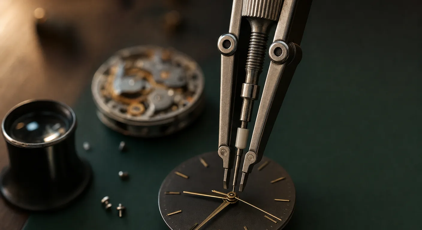 Extractor de manecillas tipo Presto con dos palancas de resorte sobre la carátula de un reloj