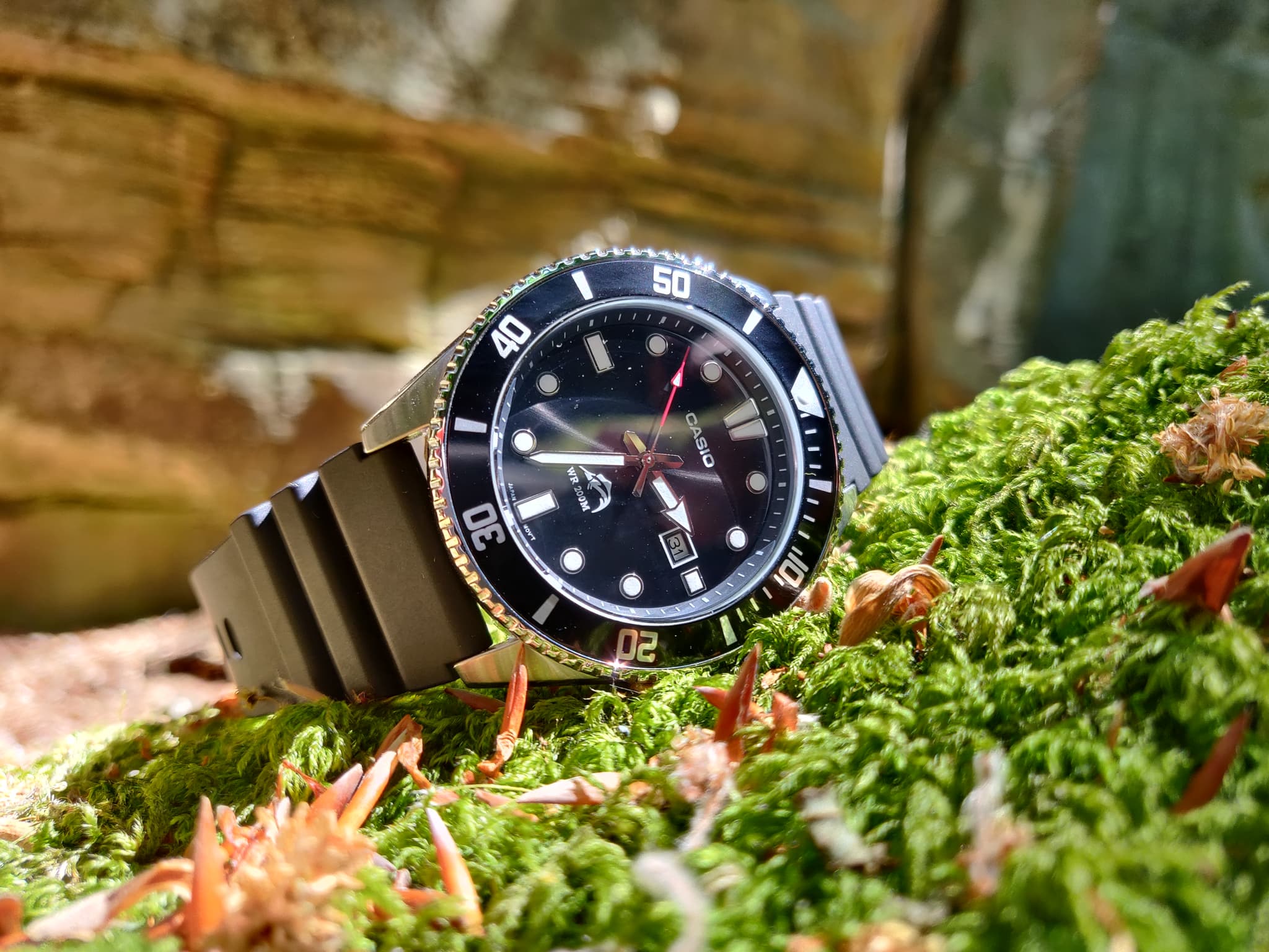 Casio MDV106-1A «Marlin» / «Duro», reloj de buceo analógico de cuarzo con esfera negra y bisel giratorio, sobre musgo