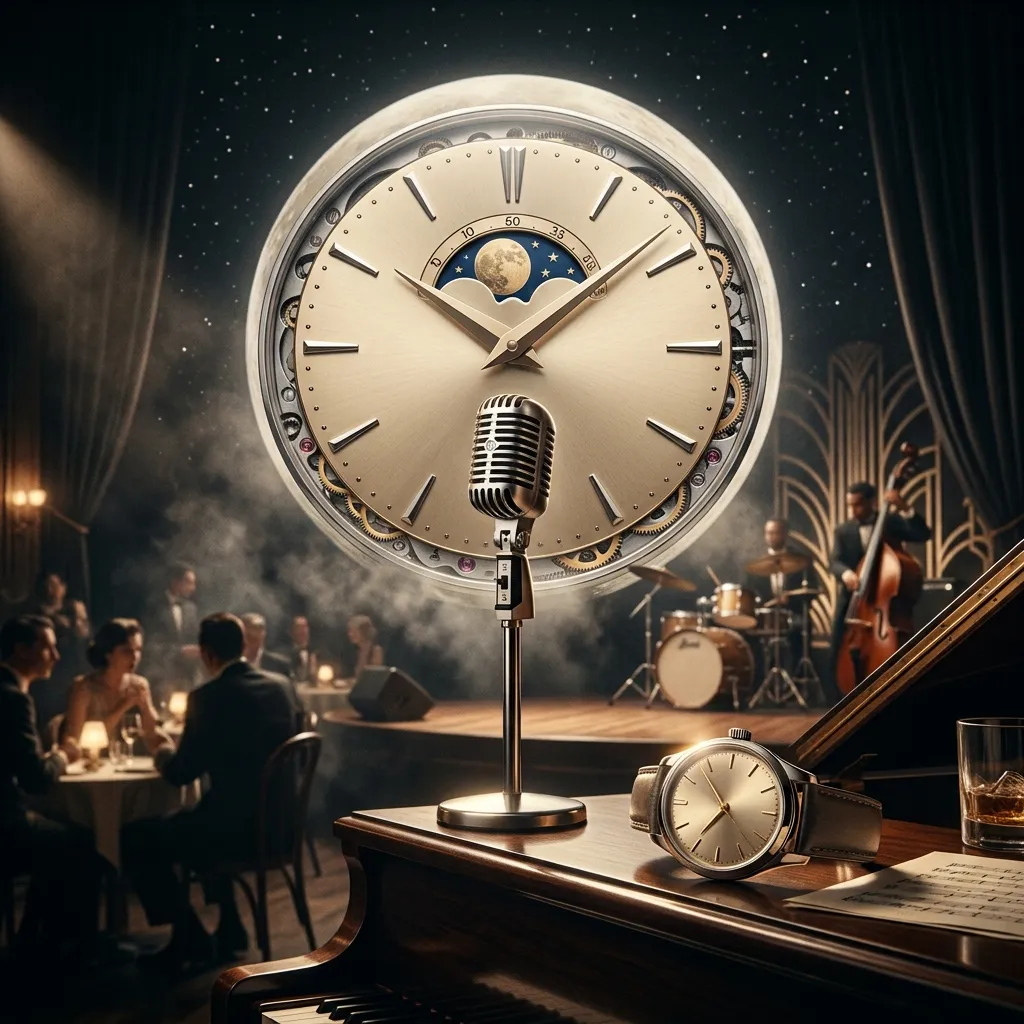 La luna: llévame a ella — un club de jazz art déco con una luna gigante convertida en esfera de reloj con fase lunar, un micrófono vintage y un reloj dorado sobre el piano
