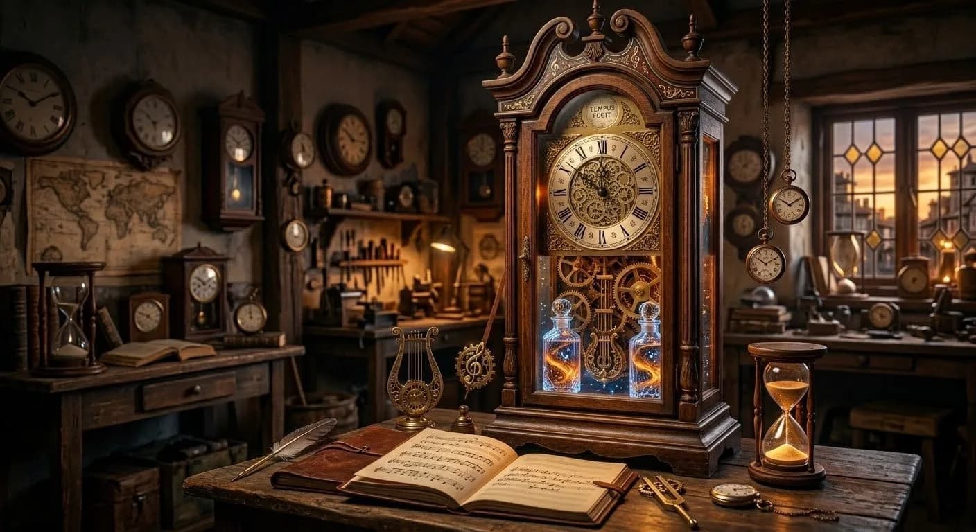 Reserva de Tiempo (Versión Original), canción de Momento Relojero: taller relojero vintage con reloj de pie, partitura y reloj de arena