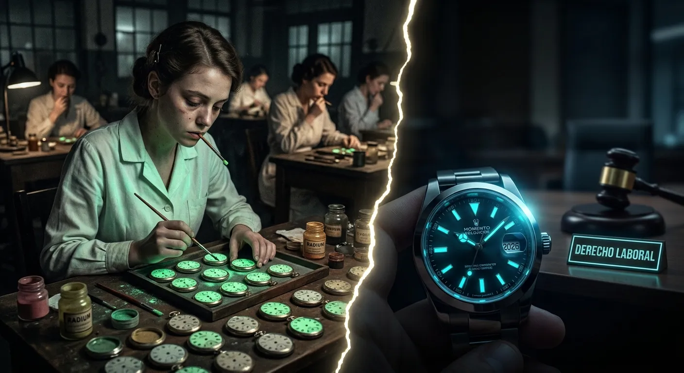 Trabajadoras pintando esferas con radio en los años 20 frente a un reloj moderno con lume seguro y un mazo de juez: el legado de las Chicas del Radio
