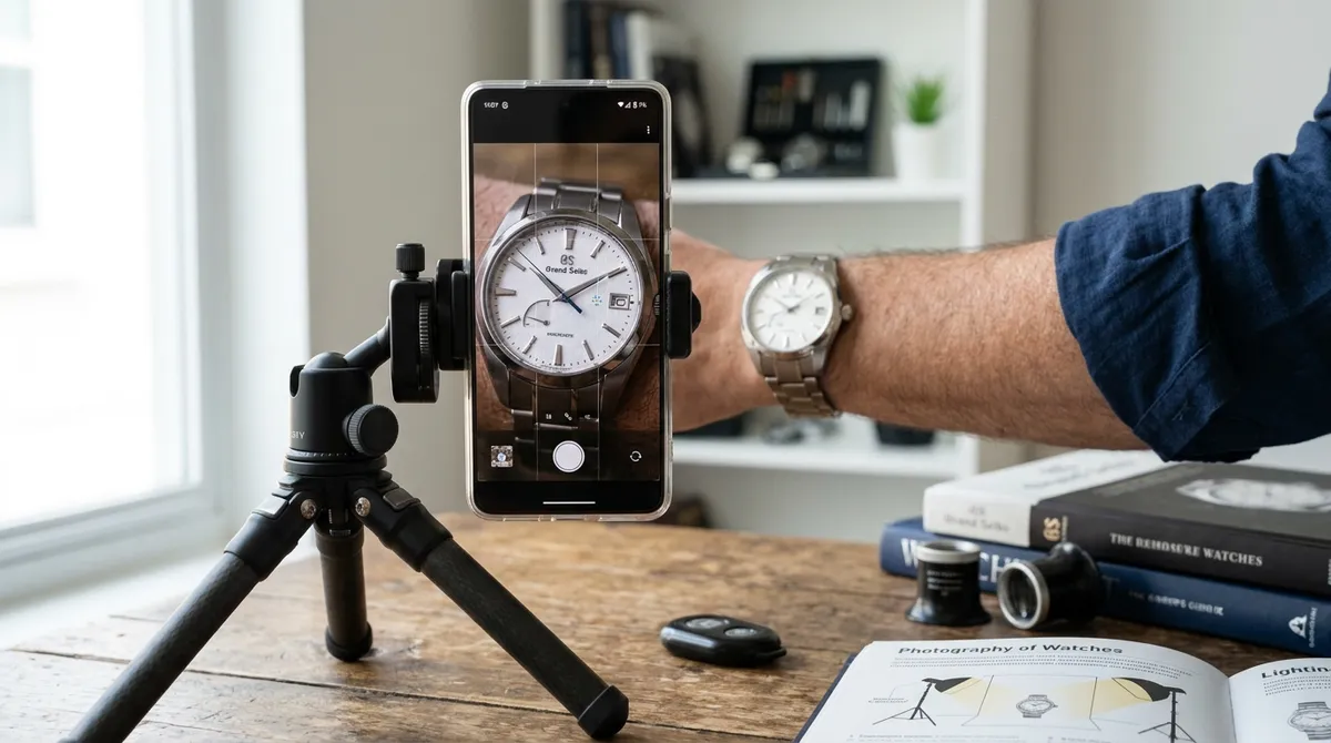 Celular en trípode fotografiando un reloj en la muñeca junto a una ventana, con libros y lupa de relojero en la mesa