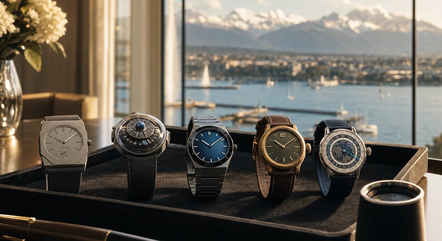 Bandeja de terciopelo con cinco relojes de alta gama en una suite de hotel con el Jet d’Eau y el lago de Ginebra al fondo