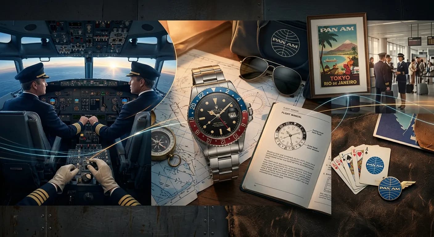 La era del jet: pilotos en cabina, el GMT-Master con bisel Pepsi sobre cartas de navegación y recuerdos de la Pan Am