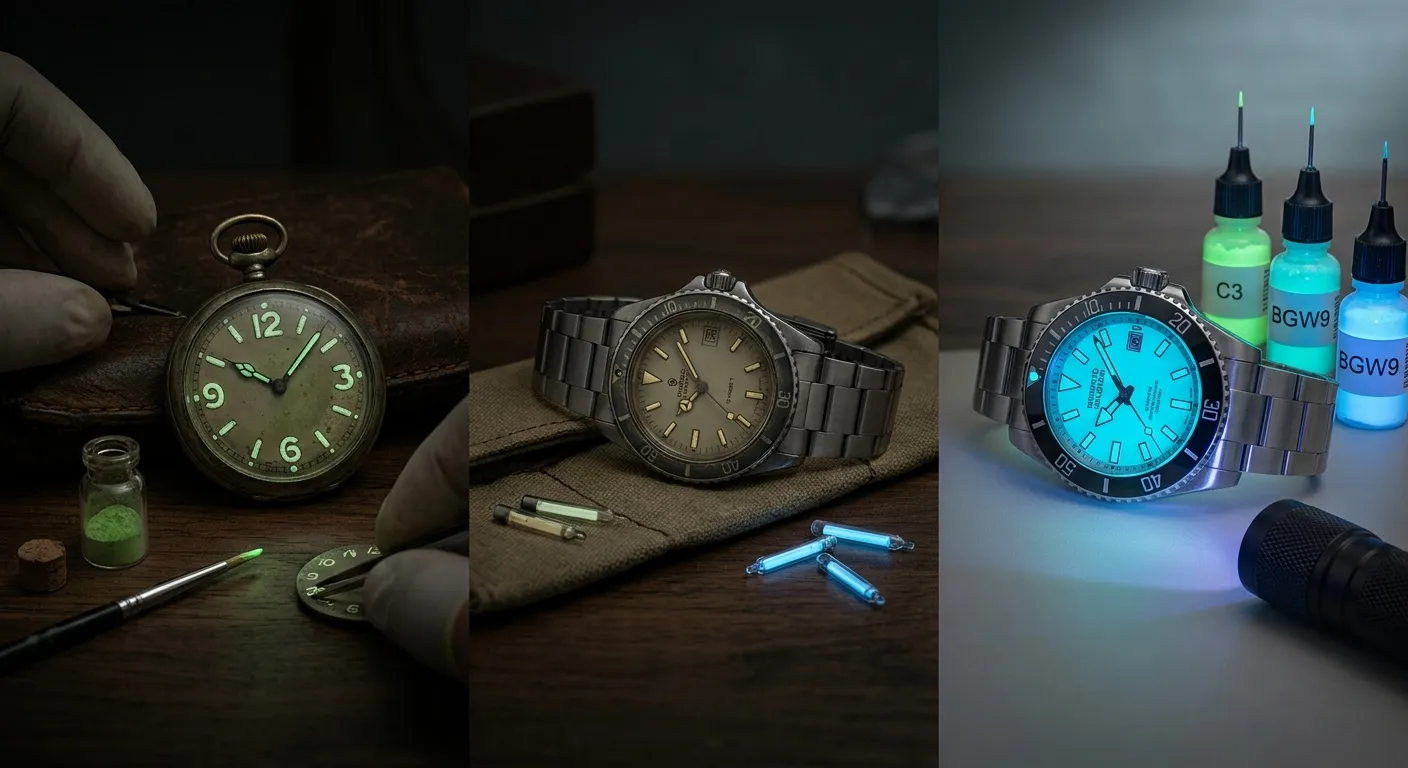 Las tres eras del lume: reloj de bolsillo con radio, diver con tubos de tritio y reloj moderno brillando junto a frascos de Super-LumiNova C3 y BGW9