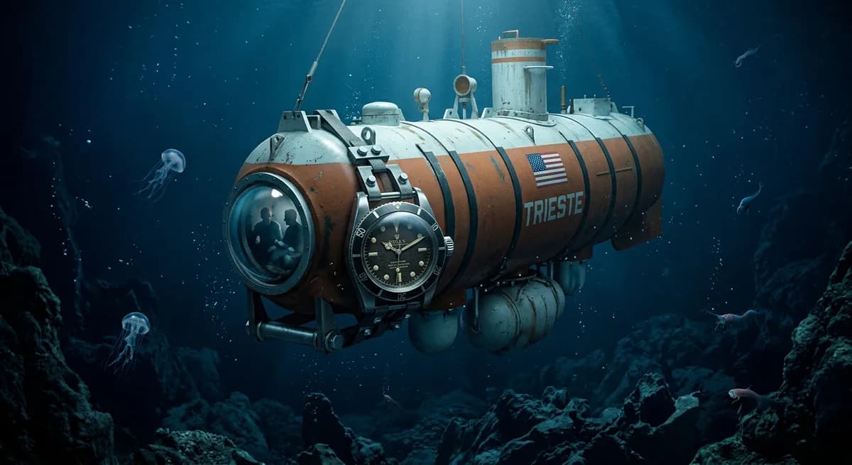 Recreación del batiscafo Trieste en el fondo de la fosa de las Marianas con un Rolex experimental sujeto al casco