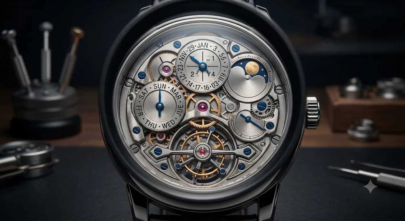 Simulador interactivo de complicaciones relojeras: esfera con tourbillon, fase lunar y calendario perpetuo
