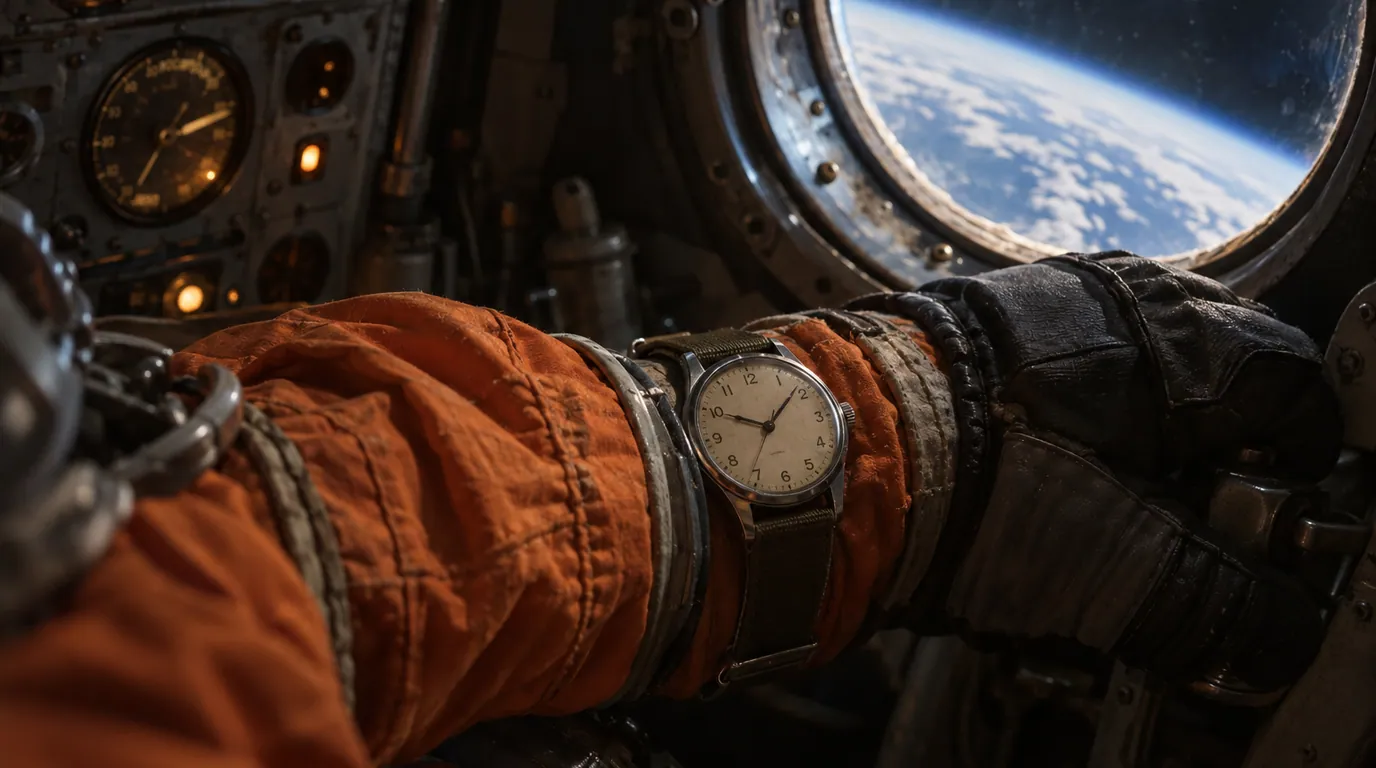 Recreación de la cabina de la Vostok: la manga de un traje naranja con un reloj de piloto de carátula clara y la curva azul de la Tierra en la ventanilla