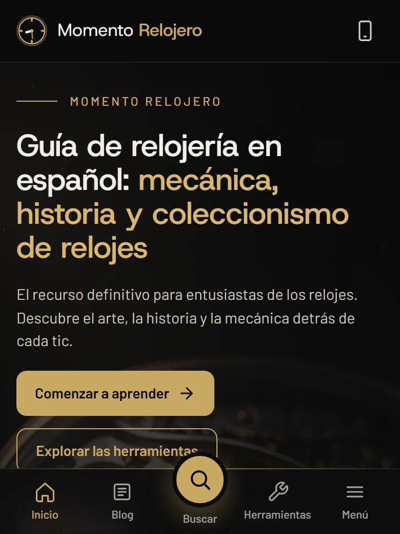 La nueva portada de Momento Relojero en el celular, con la barra inferior de cinco pestañas