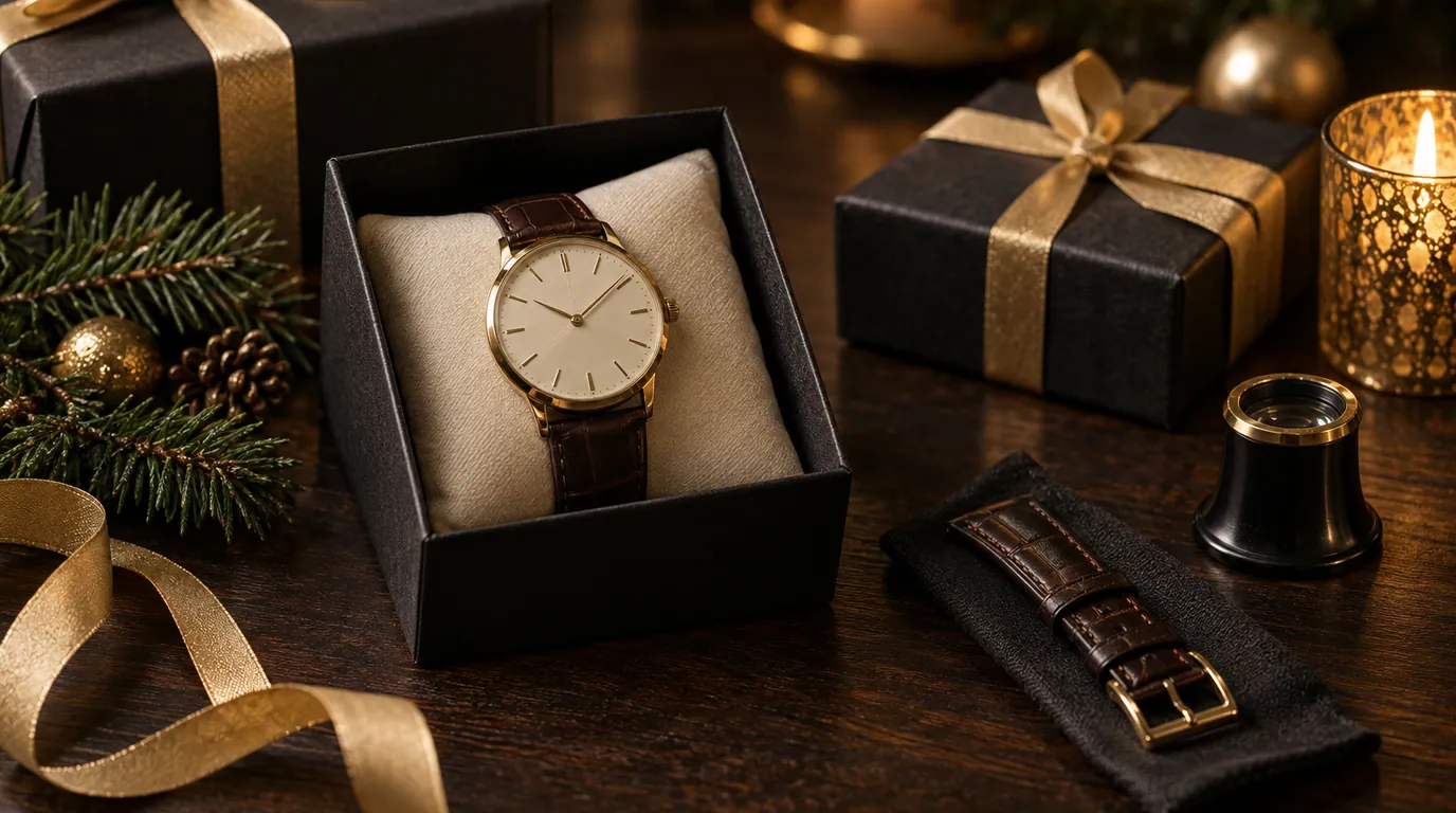 Cajas de regalo oscuras con lazo dorado, una abierta con un reloj clásico sobre su cojín, junto a una correa de cuero y una lupa de relojero, a la luz de las velas