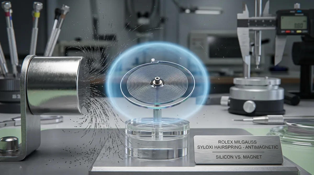 Imán atrayendo limaduras frente a una espiral de silicio protegida por un campo azul, en un laboratorio relojero