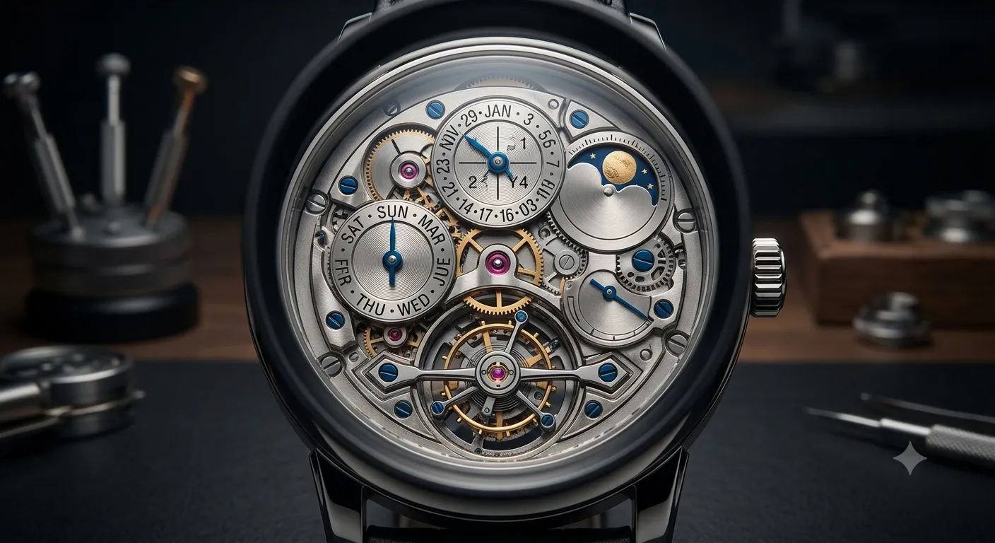 Simulador interactivo de complicaciones relojeras: carátula con tourbillon, fase lunar y calendario perpetuo