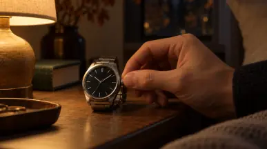 Unos dedos tiran de la corona de un reloj de acero para ajustar la hora, a la luz cálida de una lámpara de noche