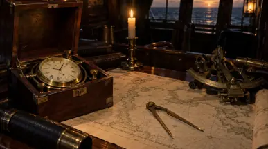 Recreación de un cronómetro marino de latón del siglo XVIII en su caja de madera, sobre la mesa de cartas de un camarote, con carta náutica y sextante