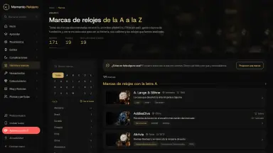 El nuevo diseño de Momento Relojero en la computadora: menú lateral a la izquierda y el anuario de marcas con sus filtros y la imagen de un reloj en cada casa