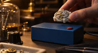 Desmagnetizador azul de botón rojo sobre un banco de relojero, con un movimiento mecánico pasando por encima en su soporte